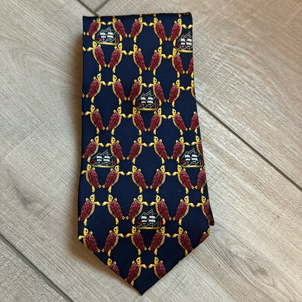 Vintage‎ Mystic Seaport Museum Sea Turtle print tie 100% silk Navy Blue sailboat